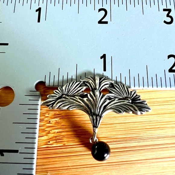 Steve Stamas .925 Silver Art Nouveau Style Floral Brooch Pin Onyx Drop Bead - Picture 5 of 9